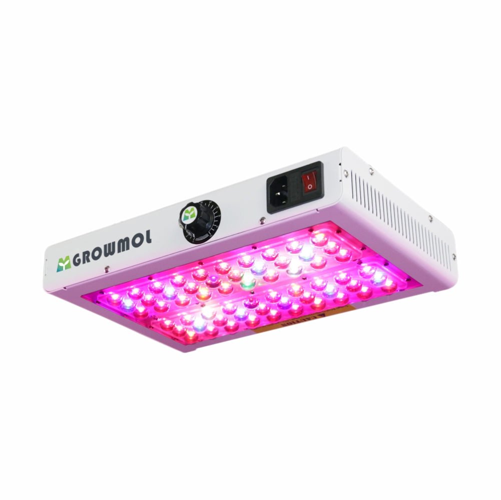 Krachtige Growmol LED kweeklamp met Full Spectrum ontwerp en hoogwaardige Epistar en Bridgelux LEDs voor optimale plantengroei en bloei. Dimbaar en voorzien van een stil koelsysteem.